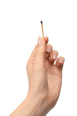 Lit match in a woman hand isolated on a white background.