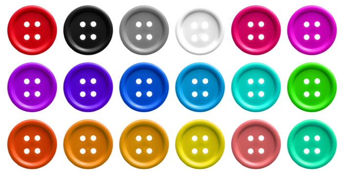 Colourful plastic clothes plastic sewing button on transparent background cutout, PNG file. Many assorted different colours. Mockup template for artwork graphic design. 3D mock