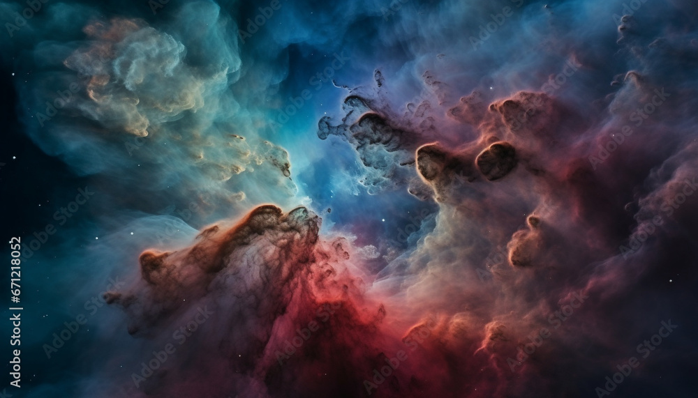 Poster Night sky explodes with abstract nebula patterns in multi colored backdrop generated by AI