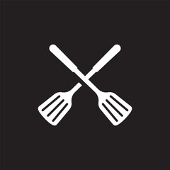 Crossed spatula and slotted kitchen spoon - black background  vector icon and ten icons in shades of white 
