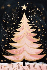 christmas tree, pink and golden christmas card