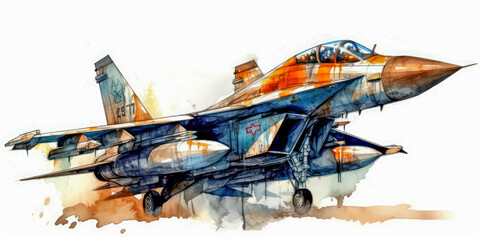 Watercolor drawing of a modern fighter-bomber aircraft. Generative AI.