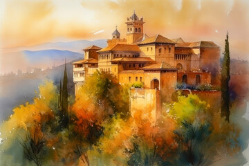 Watercolor drawing of the Alhambra in Granada. Generative AI. - obrazy, fototapety, plakaty