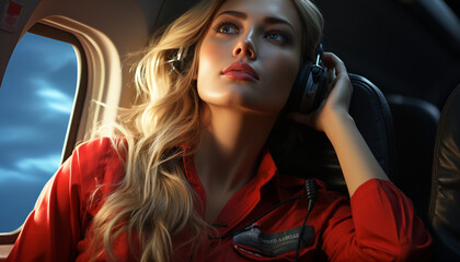 Young woman driving car, smiling, enjoying journey, looking at camera generated by AI