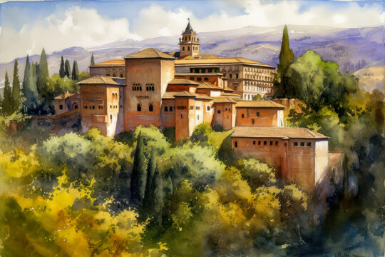 Watercolor drawing of the Alhambra in Granada. Generative AI.