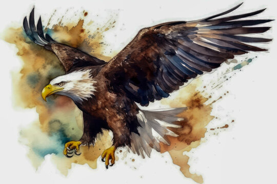 Watercolor drawing of an American bald eagle, Haliaeetus leucocephalus. Generative AI.
