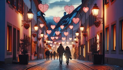A charming cobblestone street in a quaint European town during twilight. The street is lined with old-fashioned lampposts illuminating the way. Setting the mood for Valentine's Day. - obrazy, fototapety, plakaty
