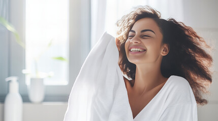 portrait of a smiling, relaxed woman in bathroom with a white towel - obrazy, fototapety, plakaty