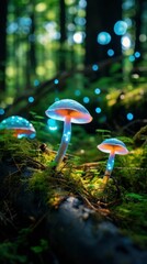 Holographic translucent mushrooms in the forest
