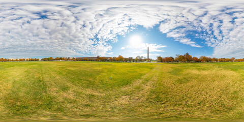 The Ellipse Washington DC which is a green grass lawn space. 360 panorama VR equirectangular photo USA