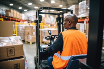 A forklift operator carefully maneuvering pallets of products in a busy retail warehouse, with shelves filled with cartons of merchandise in the background, taken during a precise handling process.