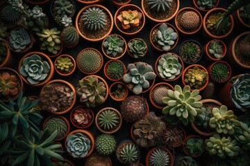 Top view diverse collection of potted plants succulents, beauty and importance of plant life. Home garden.