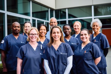 A group of a diverse medical team, including doctors, nurses, and support staff, standing in front of a hospital backdrop, exuding professionalism and unity.
