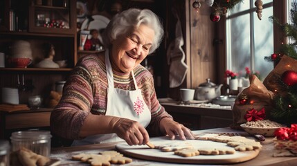 Loving grandmother baking Christmas cookies in cozy, festive kitchen. Holiday decorations, creating a warm and inviting atmosphere. Holiday spirit and adding a touch of love to each cookie.