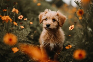 A funny puppy exploring an outdoors setting. A dog around flowers symbolizing pet's protection, care and responsibility. International Pet's Day. Adoption.