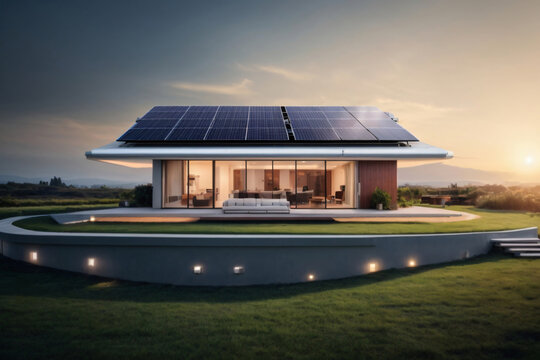 futuristic generic smart home with solar panels rooftop system for renewable energy concepts as wide banner with copy space area Generative AI