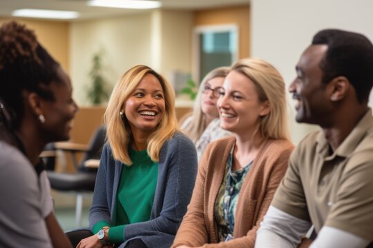 A diverse group of patients in a hospital waiting area, sharing stories and smiles as they support each other through their healthcare journey, the unity and diversity of patients in a medical setting