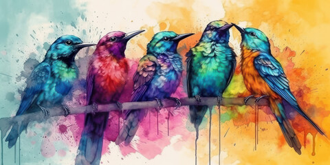 Watercolor drawing of birds perched on a twig. Generative AI.