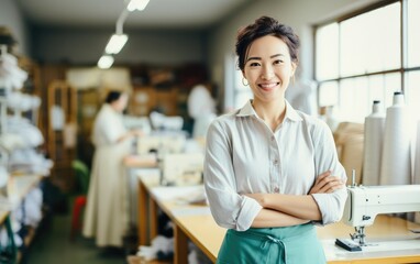 Sewing studio. Portrait of smiling female worker standing with arms crossed