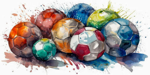 Watercolor drawing of soccer balls. Generative AI.