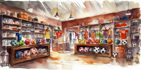 Watercolor drawing of a sports store shelf. Generative AI.