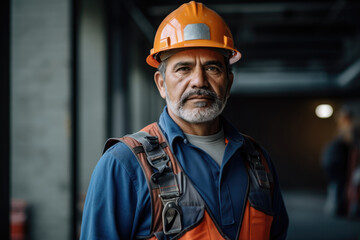 A focused middle-aged Hispanic construction worker, donned in protective gear, displaying determination and expertise in his trade at a construction site.