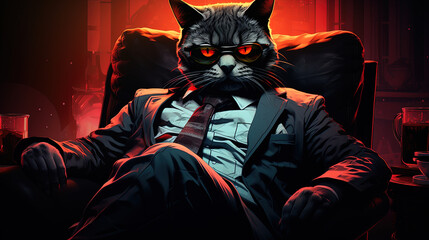 a cat in a suit sits on a chair