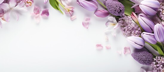 A simple spring backdrop featuring lilac flowers tulips and lilies of the valley on a white table - obrazy, fototapety, plakaty