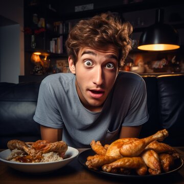 A young man, surrounded by the modernity of his home, indulges in a chicken piece, his front profile revealing his contentment as he meets the camera's lens.