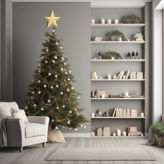 Room with a Decorated Christmas Fir Tree, Generative AI