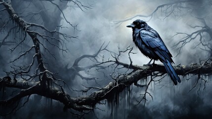 Carrion crow on an old tree, dramatic night background. Generation AI