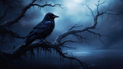 Carrion crow on an old tree, dramatic night background. Generation AI - obrazy, fototapety, plakaty