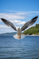 Fototapeta na wymiar A seagull flying, focus on the wing span. Vertical photo