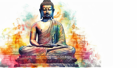 Watercolor drawing of a Buddha statue. Generative AI.