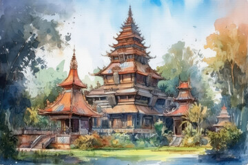 Fototapeta premium Watercolor drawing of Buddhist temple in Thailand. Generative AI.