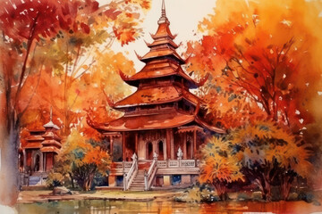 Fototapeta premium Watercolor drawing of Buddhist temple in Thailand. Generative AI.