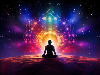 Chakra-colored silhouettes in Lotus Pose, layered over abstract cosmic background, swirling galaxies