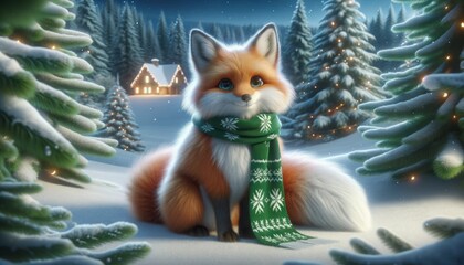 A Christmas fox with a fluffy white tail, wrapped in a green festive scarf, in a snow-covered forest with a distant glowing cabin.