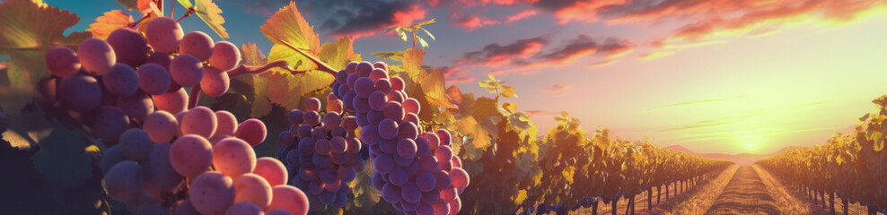 Vineyards at sunset, bunches of ripe grapes, a banner. In concept of Earth hour.