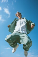 A man wearing streetwear floats high above under the endless blue sky.