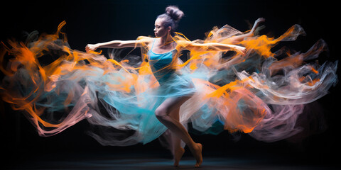 Gymnast in motion, multiple exposure effect, leaps and flips overlaid, harmonious colors, surreal, ethereal