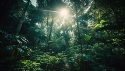 A tropical rainforest landscape with green trees and sunlight generated by AI