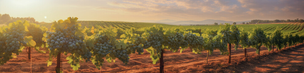 Vineyards at sunset, bunches of ripe grapes, a banner. - obrazy, fototapety, plakaty