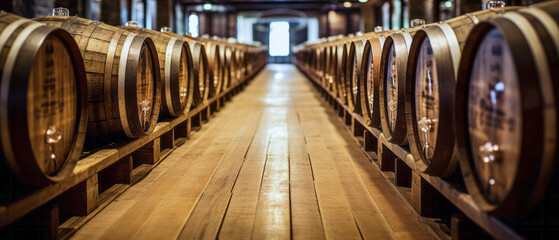 Rows of wooden wine barrels in the wine cellar of a winery