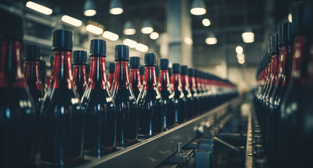 Bottles of red wine on the conveyor at the winery. Wine production. to wineries. Bodega.
