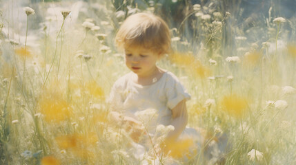 Impressionistic painting of a child in Happy Baby Pose, pastel tones, set in a meadow with wildflowers, warm sunlight, blurred