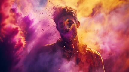 Indian Holi Festival, vibrant powder colors mid-air explosion ,ecstatic faces, ultra slow motion capture