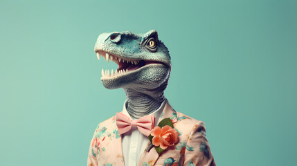 Abstract party concept. Portrait of dinosaur in elegant colorful suit on blue background.