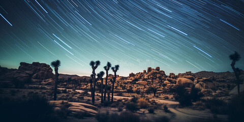 Joshua Tree National Park, star trails circling over iconic rock formations and yuccas, long exposure, dreamy aura