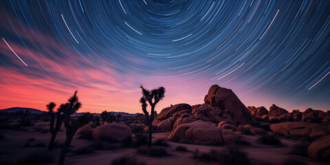 Naklejka premium Joshua Tree National Park, star trails circling over iconic rock formations and yuccas, long exposure, dreamy aura
